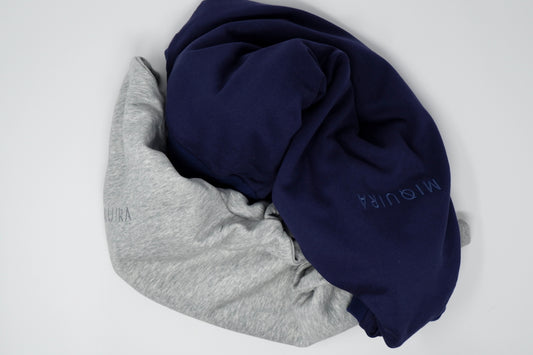 Grey and Navy blue variation of a sweatsuit top 